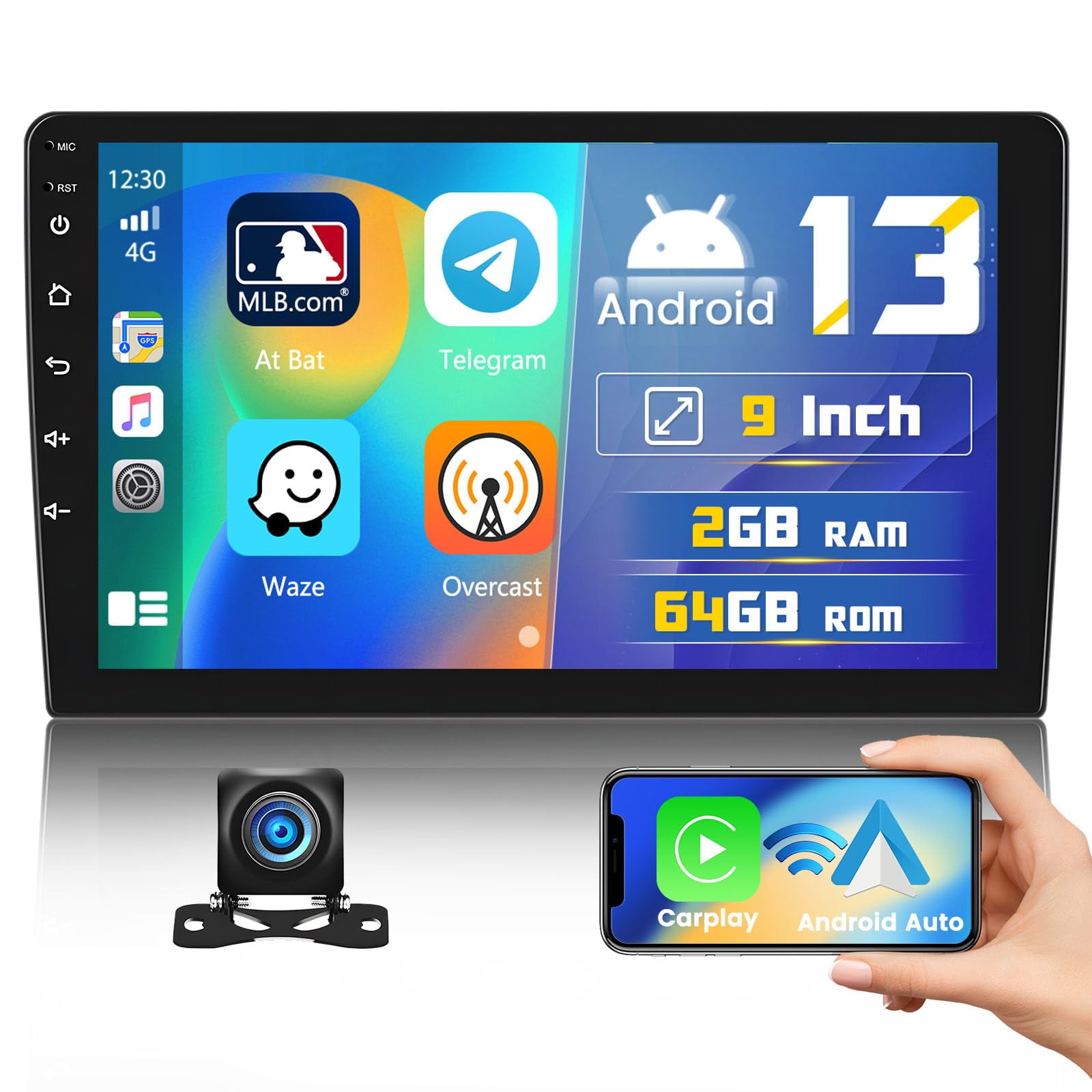 2+64GB Android 13 Double Din Car Stereo Wireless Carplay Android Auto 9 ...