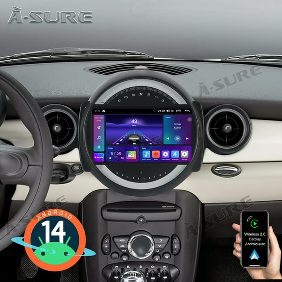 2+64GB Android 14 Car Radio Stereo for BMW Mini Cooper Clubman Hatch/Hardtop Convertible Roadster Coupé, Wireless CarPlay Android Auto GPS Navi WiFi Bluetooth SWC DSP FM RDS USB