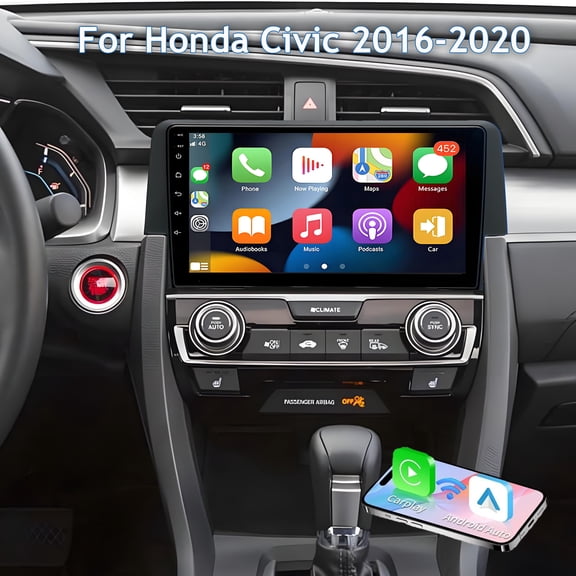 2+64GB Android 15 Car Radio for Honda Civic 2016-2020 with Wireless Carplay and Android Auto 9 inch Touch Screen WiFi Bluetooth FM RDS SWC