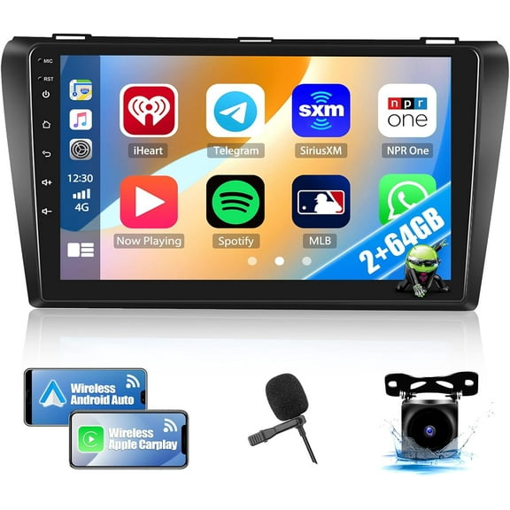 2+64GB Car Stereo Radio with Wireless Apple Carplay Android Auto for Mazda 3 2004-2009, 9" Android 13 Touch Screen Car Radio with GPS Navigation HiFi WiFi Bluetooth FM RDS Head Unit