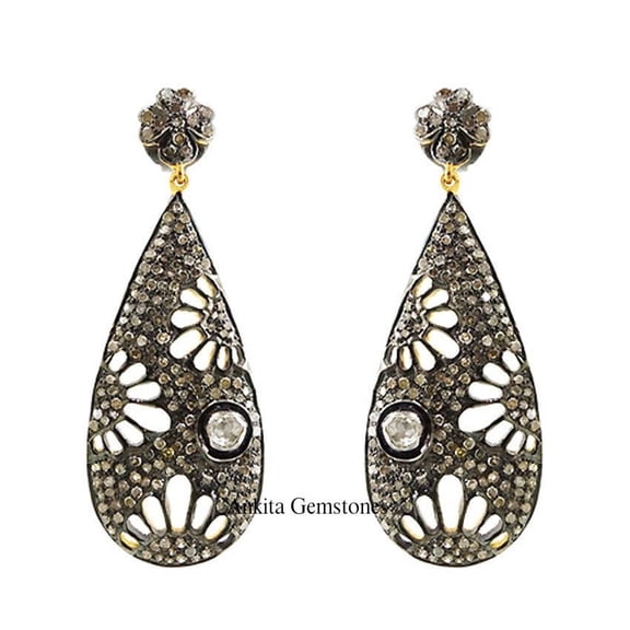 2.65ct Rosecut Diamond Polki Silver Dangle Style Earrings, Diamond Dangle Earrings, Vintage Antique Style Earrings,Rosecut Earrings