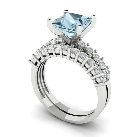 2.66 ct Brilliant Princess Cut Blue Zircon 18k White Gold Solitaire with Accents Engagement Bridal Wedding Ring Band Set