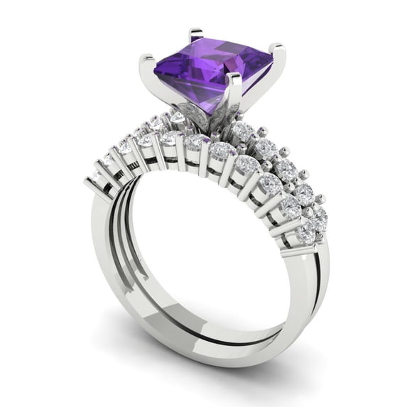 2.66 ct Brilliant Princess Cut Natural Amethyst 14k White Gold Solitaire with Accents Engagement Bridal Wedding Ring Band Set size 5.5
