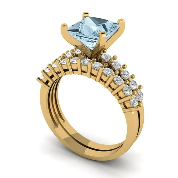 2.66 ct Brilliant Princess Cut Natural Aquamarine 14k Yellow Gold Solitaire with Accents Engagement Bridal Wedding Ring Band Set size 7.75