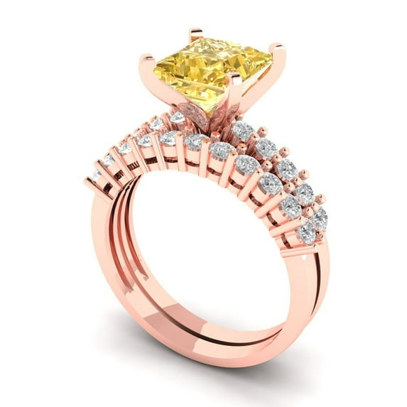 2.66 ct Brilliant Princess Cut Natural Citrine 18K Rose Gold Solitaire with Accents Engagement Bridal Wedding Ring Band Set size 10.25