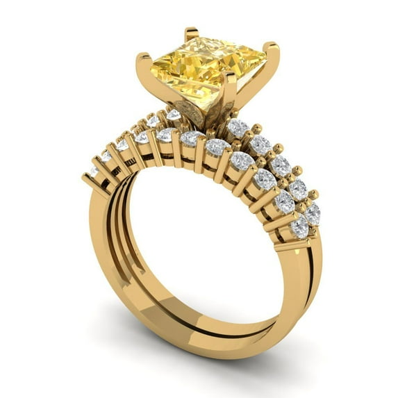 2.66 ct Brilliant Princess Cut Natural Citrine 18K Yellow Gold Solitaire with Accents Engagement Bridal Wedding Ring Band Set size 7.75
