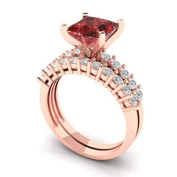 2.66 ct Brilliant Princess Cut Natural Garnet 14k Rose Gold Solitaire with Accents Engagement Bridal Wedding Ring Band Set size 4.75