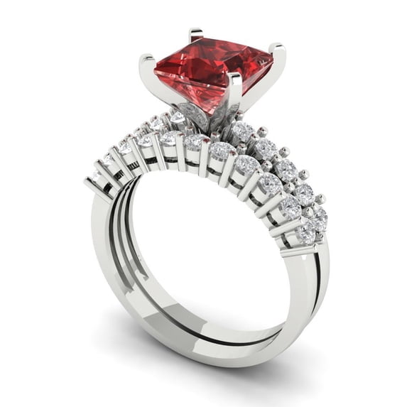 2.66 ct Brilliant Princess Cut Natural Garnet 14k White Gold Solitaire with Accents Engagement Bridal Wedding Ring Band Set size 4.5