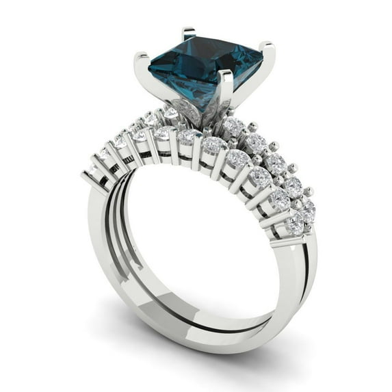2.66 ct Brilliant Princess Cut Natural London Blue Topaz 14k White Gold Solitaire with Accents Engagement Bridal Wedding Ring Band Set size 3.5