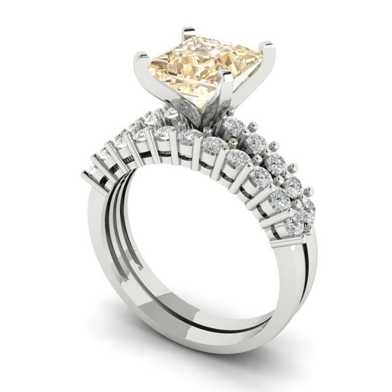 2.66 ct Brilliant Princess Cut Natural Morganite 18K White Gold Solitaire with Accents Engagement Bridal Wedding Ring Band Set size 9.25
