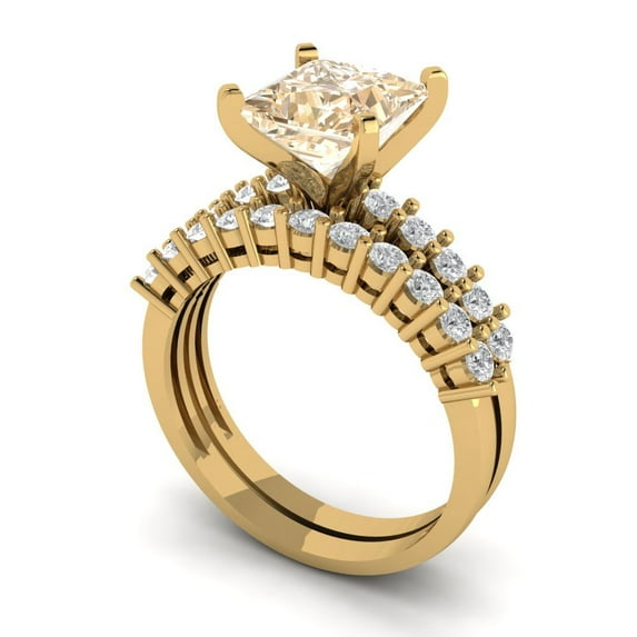2.66 ct Brilliant Princess Cut Natural Morganite 18K Yellow Gold Solitaire with Accents Engagement Bridal Wedding Ring Band Set size 10.5