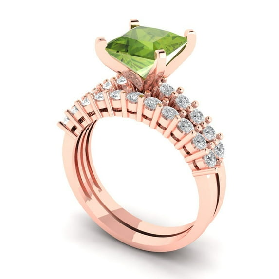 2.66 ct Brilliant Princess Cut Natural Peridot 14k Rose Gold Solitaire with Accents Engagement Bridal Wedding Ring Band Set size 6