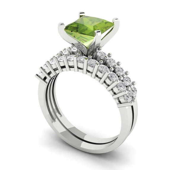 2.66 ct Brilliant Princess Cut Natural Peridot 14k White Gold Solitaire with Accents Engagement Bridal Wedding Ring Band Set size 5.5