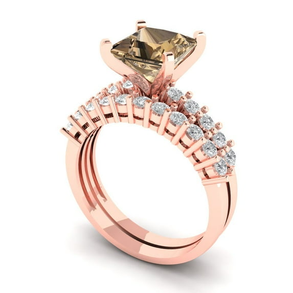 2.66 ct Brilliant Princess Cut Champagne 18K Rose Gold Solitaire with Accents Engagement Bridal Wedding Ring Band Set size 6.75