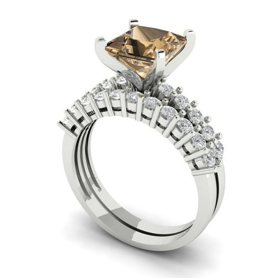 2.66 ct Brilliant Princess Cut Champagne 18K White Gold Solitaire with Accents Engagement Bridal Wedding Ring Band Set size 4.5
