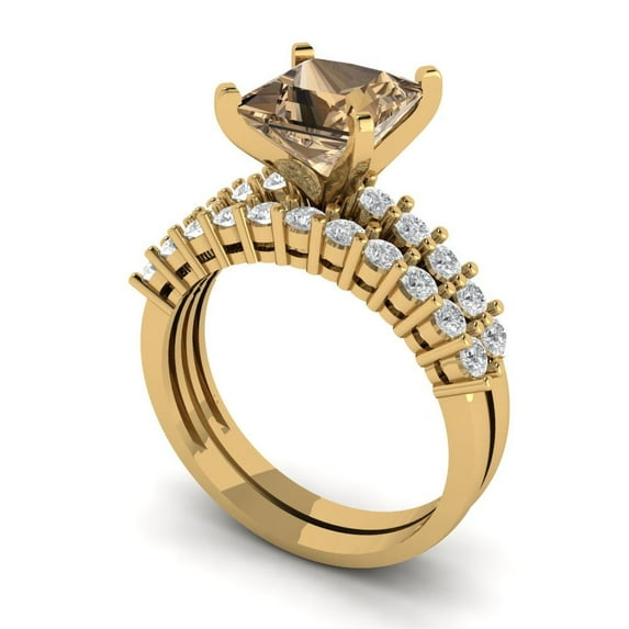 2.66 ct Brilliant Princess Cut Champagne 18K Yellow Gold Solitaire with Accents Engagement Bridal Wedding Ring Band Set size 9