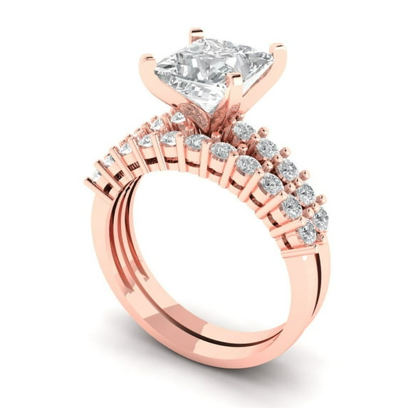 2.66 ct Brilliant Princess Cut Zircon 18K Rose Gold Solitaire with Accents Engagement Bridal Wedding Ring Band Set size 3.75