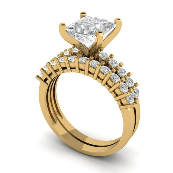2.66 ct Brilliant Princess Cut Zircon 18K Yellow Gold Solitaire with Accents Engagement Bridal Wedding Ring Band Set size 9.75