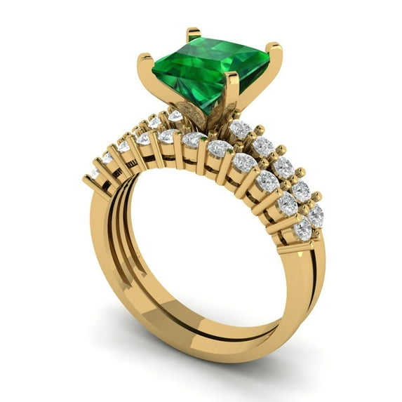 2.66 ct Brilliant Princess Cut Emerald 18K Yellow Gold Solitaire with Accents Engagement Bridal Wedding Ring Band Set size 5.25