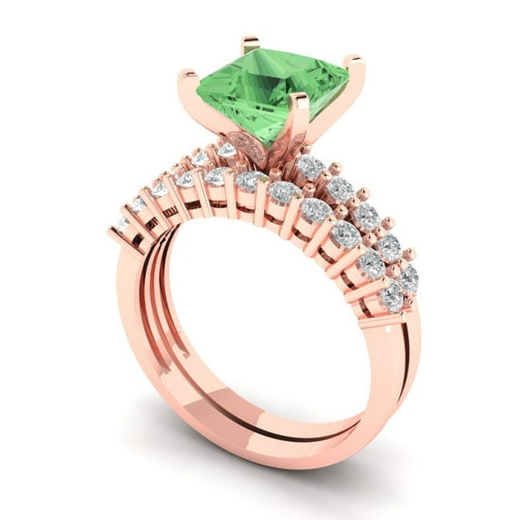2.66 ct Brilliant Princess Cut Green Zircon 14k Rose Gold Solitaire with Accents Engagement Bridal Wedding Ring Band Set size 9.25