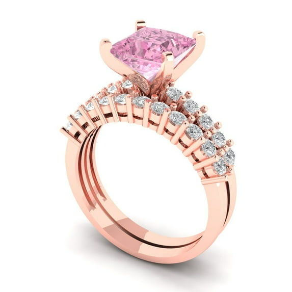 2.66 ct Brilliant Princess Cut Pink Zircon 14k Rose Gold Solitaire with Accents Engagement Bridal Wedding Ring Band Set size 6.75