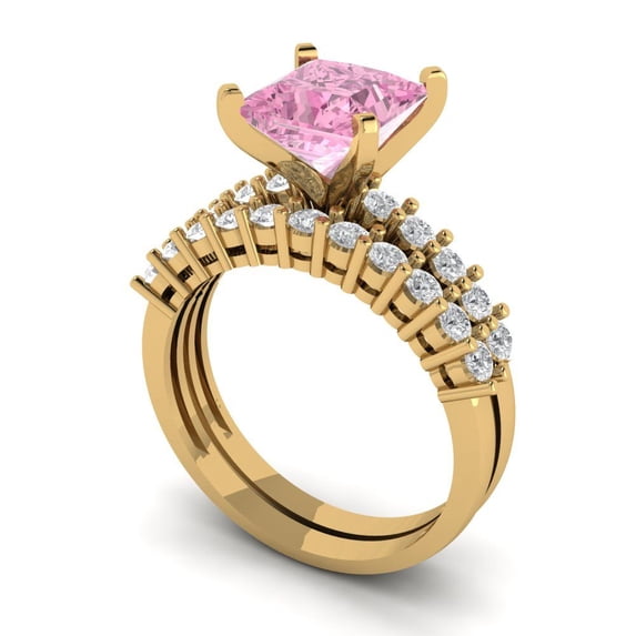 2.66 ct Brilliant Princess Cut Pink Zircon 14k Yellow Gold Solitaire with Accents Engagement Bridal Wedding Ring Band Set size 4.5