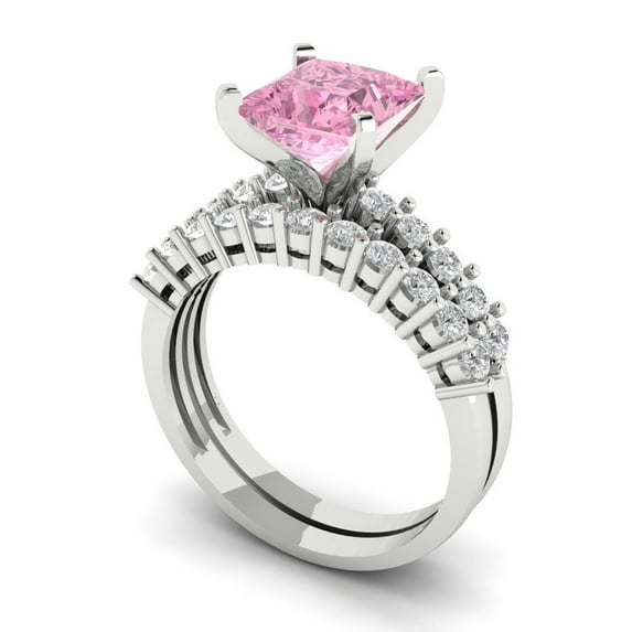 2.66 ct Brilliant Princess Cut Pink Zircon 18K White Gold Solitaire with Accents Engagement Bridal Wedding Ring Band Set size 10.25