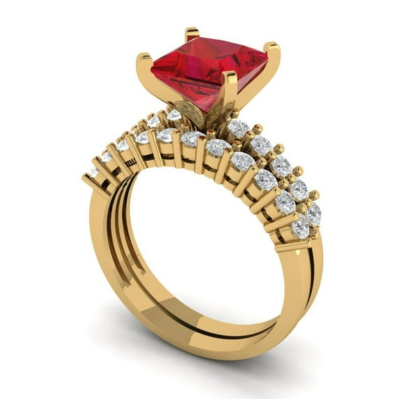 2.66 ct Brilliant Princess Cut Pink Tourmaline 14k Yellow Gold Solitaire with Accents Engagement Bridal Wedding Ring Band Set size 8.25