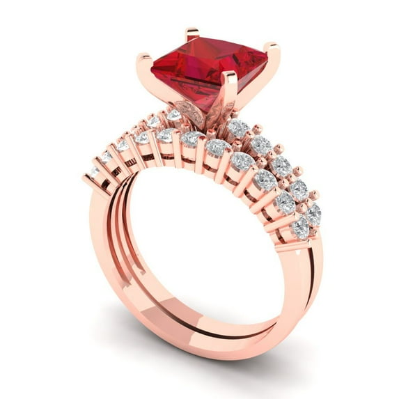 2.66 ct Brilliant Princess Cut Pink Tourmaline 18K Rose Gold Solitaire with Accents Engagement Bridal Wedding Ring Band Set size 6.5