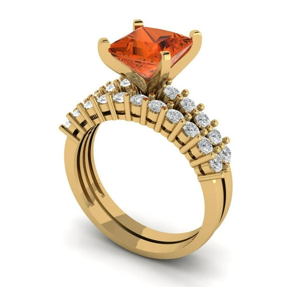 2.66 ct Brilliant Princess Cut Red Zircon 14k Yellow Gold Solitaire with Accents Engagement Bridal Wedding Ring Band Set size 6.5
