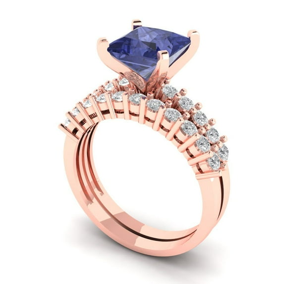 2.66 ct Brilliant Princess Cut Tanzanite 14k Rose Gold Solitaire with Accents Engagement Bridal Wedding Ring Band Set size 3.75