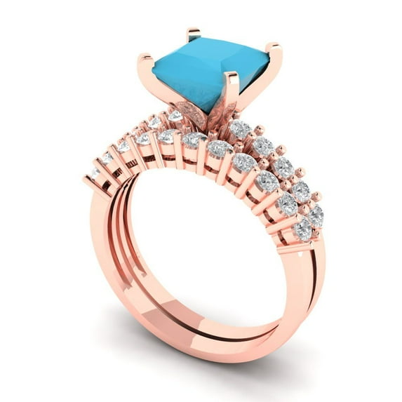 2.66 ct Brilliant Princess Cut Turquoise 18K Rose Gold Solitaire with Accents Engagement Bridal Wedding Ring Band Set size 7.5