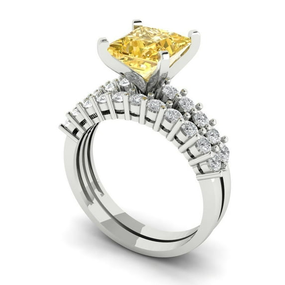 2.66 ct Brilliant Princess Cut Yellow Zircon 18K White Gold Solitaire with Accents Engagement Bridal Wedding Ring Band Set size 7.25