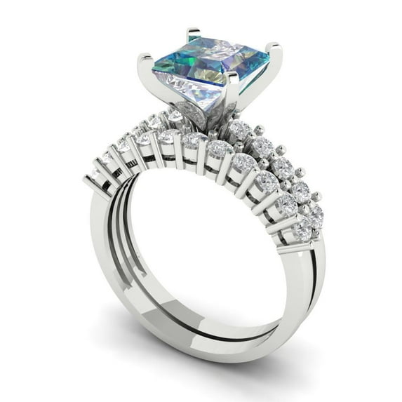2.66 ct Brilliant Princess Cut Blue Moissanite 18K White Gold Solitaire with Accents Engagement Bridal Wedding Ring Band Set size 6.75