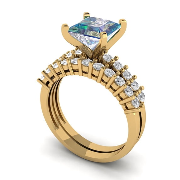 2.66 ct Brilliant Princess Cut Blue Moissanite 18K Yellow Gold Solitaire with Accents Engagement Bridal Wedding Ring Band Set size 5