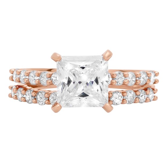 2.66 ct Princess Cut Genuine Cultured Diamond SI1-SI2 G-H 18K Rose Gold Engagement Wedding Bridal Set Designer Ring bW/ Set size 4