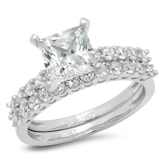 2.66 ct Princess Cut Real Genuine Natural Diamond VS1-VS2 I-J 18K White Gold Engagement Wedding Bridal Set Designer Ring bW/ Set size 6.5