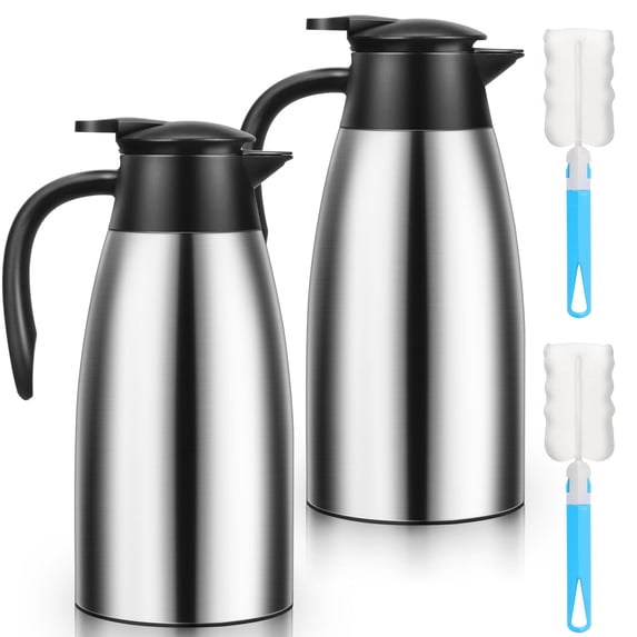 2 68 Oz Thermal Coffee Carafe Insulated Stainless Steel Double Walled Vacuum Pot Flask With Brushes For Keeping Hot Tea Home And Office (silver)