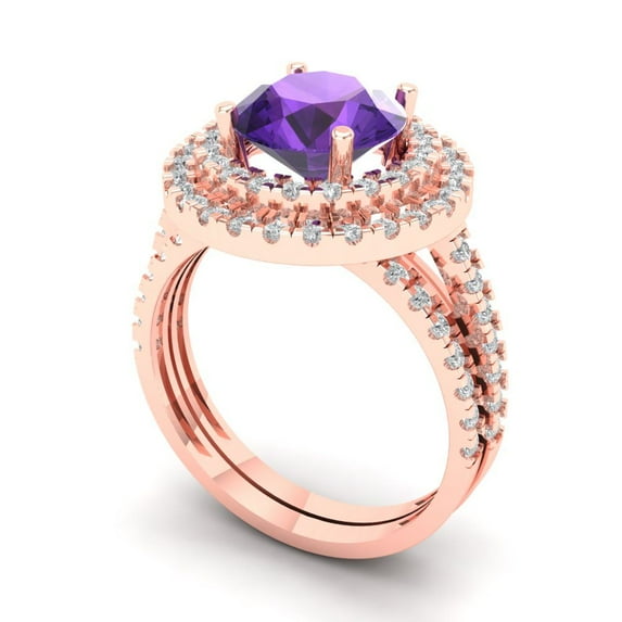 2.68 ct Brilliant Round Cut Natural Amethyst 14K Rose Gold Halo Solitaire with Accents Engagement Bridal Wedding Ring Band Set size 10.25