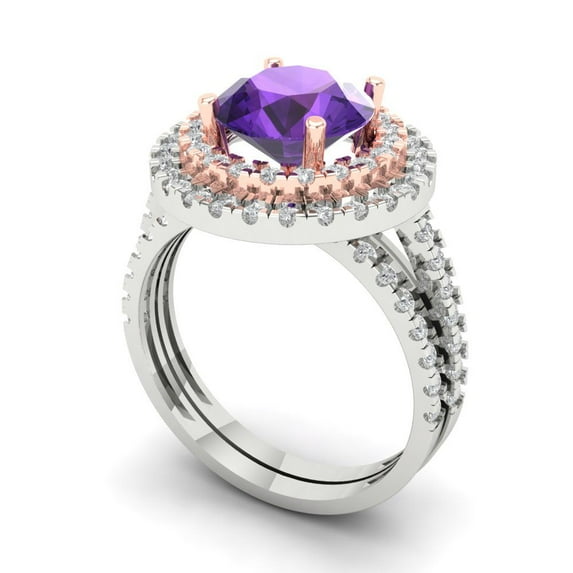2.68 ct Brilliant Round Cut Natural Amethyst 18K White/Rose Gold Halo Solitaire with Accents Engagement Bridal Wedding Ring Band Set size 8