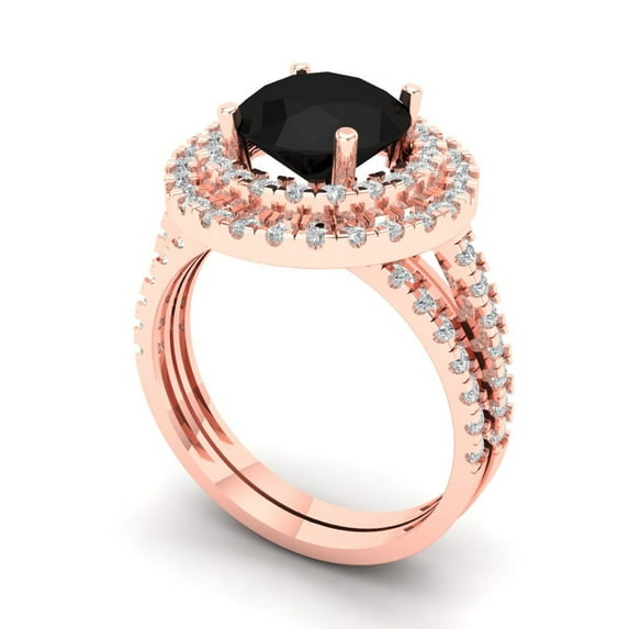 2.68 ct Brilliant Round Cut Natural Onyx 14K Rose Gold Halo Solitaire with Accents Engagement Bridal Wedding Ring Band Set size 10.25