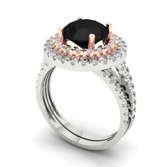 2.68 ct Brilliant Round Cut Natural Onyx 14k White/Rose Gold Halo Solitaire with Accents Engagement Bridal Wedding Ring Band Set size 6.25