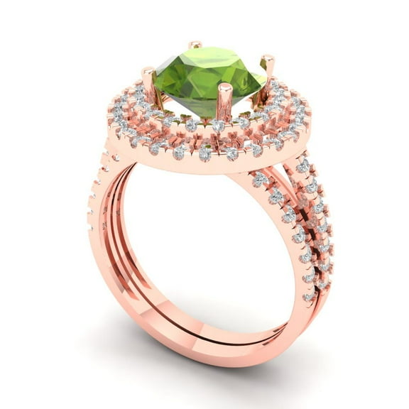 2.68 ct Brilliant Round Cut Natural Peridot 14K Rose Gold Halo Solitaire with Accents Engagement Bridal Wedding Ring Band Set size 9.5