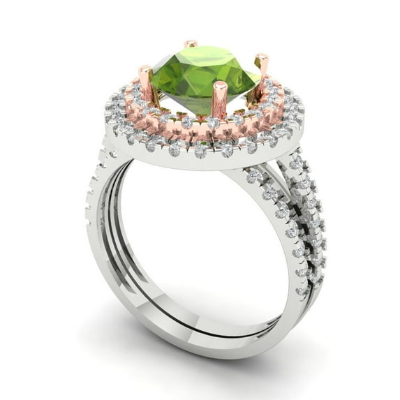 2.68 ct Brilliant Round Cut Natural Peridot 14k White/Rose Gold Halo Solitaire with Accents Engagement Bridal Wedding Ring Band Set size 5