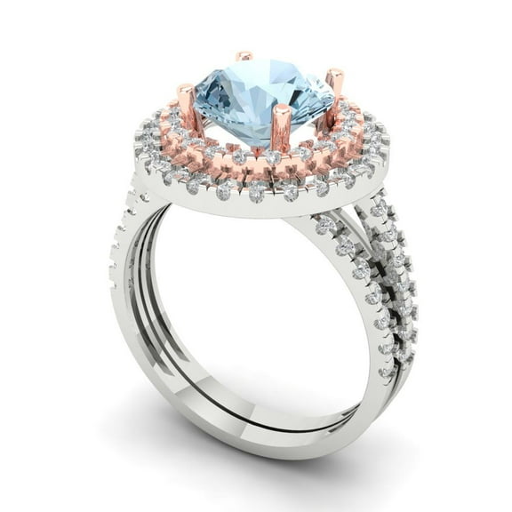 2.68 ct Brilliant Round Cut Natural Swiss Blue Topaz 14k White/Rose Gold Halo Solitaire with Accents Engagement Bridal Wedding Ring Band Set size 6.25