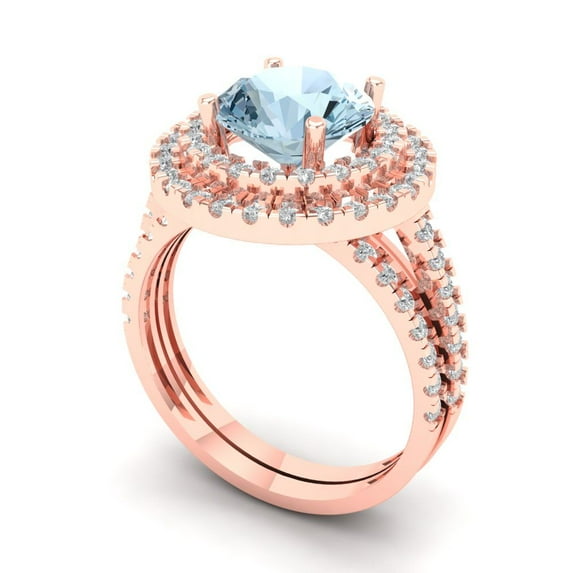 2.68 ct Brilliant Round Cut Natural Swiss Blue Topaz 18K Rose Gold Halo Solitaire with Accents Engagement Bridal Wedding Ring Band Set size 5.75
