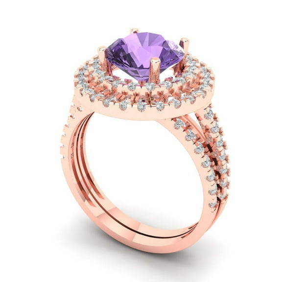 2.68 ct Brilliant Round Cut Alexandrite 14K Rose Gold Halo Solitaire with Accents Engagement Bridal Wedding Ring Band Set size 5.25