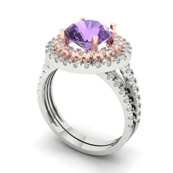 2.68 ct Brilliant Round Cut Alexandrite 14k White/Rose Gold Halo Solitaire with Accents Engagement Bridal Wedding Ring Band Set size 10.75