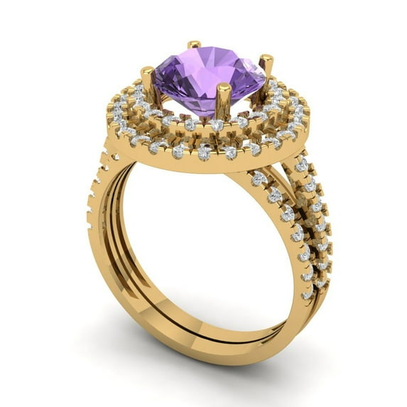 2.68 ct Brilliant Round Cut Alexandrite 18K Yellow Gold Halo Solitaire with Accents Engagement Bridal Wedding Ring Band Set size 5.25