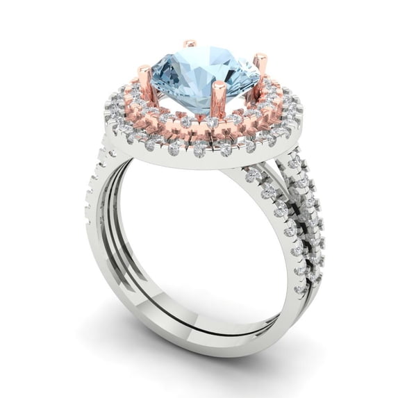 2.68 ct Brilliant Round Cut Blue Zircon 14k White/Rose Gold Halo Solitaire with Accents Engagement Bridal Wedding Ring Band Set size 6